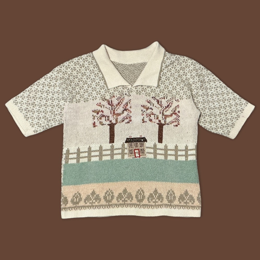 Vintage 90s Cottagecore Short‎ Sleeve Polo Knit Sweater Cream Tan - Size Medium